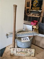 Vintage decoy, minnow bucket w/ sign & fish bait