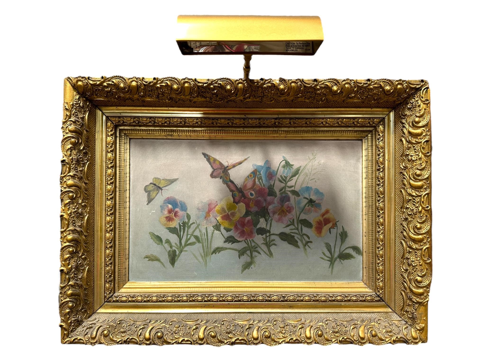 Antique Oil on Canvas Floral Butterfly Painting