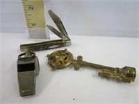 Pocket Knife, Vintage Whistle, & Key