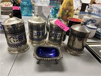 LOT OF METAL OVER COBALT GLASS CANISTERS