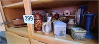 SHELF OF CHINA, WOOD BOWL, VASES, MISC