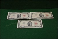 (3) Nice 1953 Red Seal Two Dollar Notes
