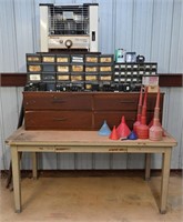 Metal Work Table, Cabinet, Organizer & Contents