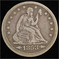 1853 SEATED LIBERTY QUARTER VF