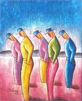 Benjamin Long " Five Men" Acrylic On Board