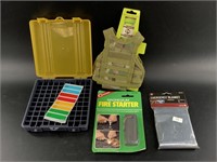 Survival equipment: emergency blanket, fire starte