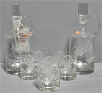 Two Whiskey Decanters & 6 Glasses. Engraved &