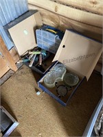 2 boxes and miscellaneous yard tools, glassware,
