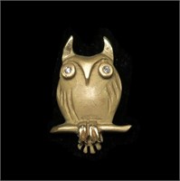 14K Yellow gold owl tack pin with diamond eyes,