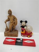 Mickey Mouse Gumball machine, wood man figure, etc