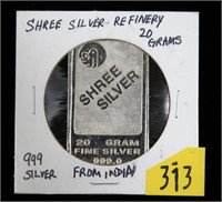 .999 Fine silver bar, 20 grams, "Shree Silver,"