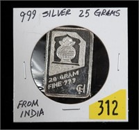 0999 Silver bar,  20 grams, from India