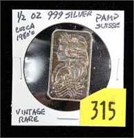Suisse .999 Fine silver bar, half ounce,