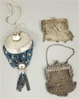 3 vintage mesh bags incl 2 sterling & 1 enamel-