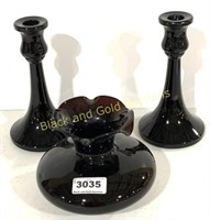 Black Amethyst Glass Vase and Candlesticks