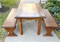 MAHOGANY TABLE WITH TWO TRESTLE BENCHES