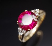 Created ruby*, diamond and 18ct yellow gold ring