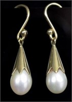 Pearl set 9ct yellow gold drop earrings