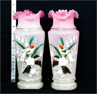 Pair vntg 10in mantle vases w/ birds