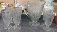 CLEAR IRIS PATTERN DRINK SET PITCHER & 6 GLASSES