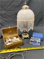 Lamp, mini tea set, crystal