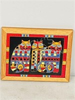 oak framed ceramic tile art-  3 cats - 7.5 x 9"