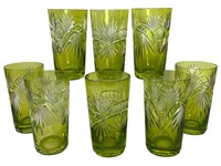 8 Vintage Green Cut To Clear Heavy Crystal Glasses