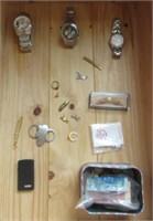 Wood box with contents includes Fossil watch,