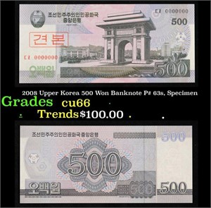 2008 Upper Korea 500 Won Banknote P# 63s, Specimen