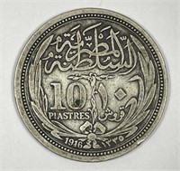 EGYPT: 1916 Silver 10 Piastres Very Fine VF+