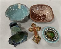 Group of Signed Pottery Bowls and Cross