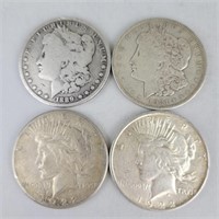 2 Silver Morgan Dollars & 2 Silver Peace Dollars.