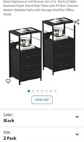Black Nightstand with Drawer Set of 2, Tall End