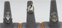 3 Art Deco Style Sterling Silver Rings
