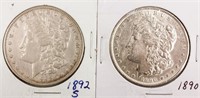 Coin 2 U.S. Morgan Silver Dollars 1892-S & 1890