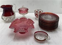 8in - Cranberry  pitcher  / vase  and plates