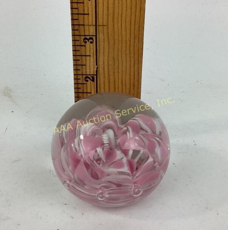 Pink and white folded paperweight by Elwood.