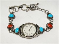 Sterling Turquoise/Coral Watch 27 Grams 7 1/4"