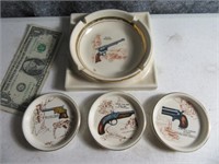 (4) GunThemed Ashtray & Porcelain Coasters