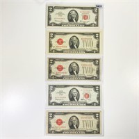 (5) 1963/1928 Red Seal $2 Bills UNCIRCULATED