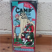 "Camp Coffee" Enamel Sign on Wooden