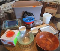 Tote, baking dishes, rolling pin, glasses, misc.