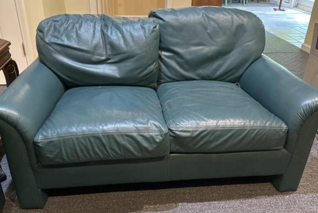 Teal Leather Loveseat 57” x 33” x 27-1/2” H