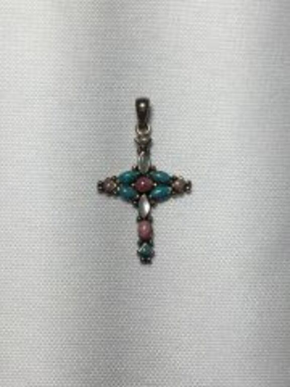 Sterling Cross Charm w/ Multi-Color Stones