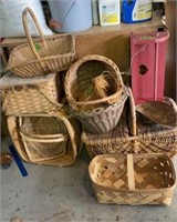 Country Lot Of Baskets. Scale Tray, Red Painted