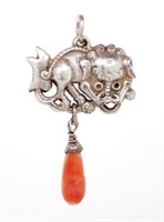 Mid C. Chinese silver & coral, foo dog pendant