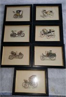 7 Prints framed of original horseless carriages