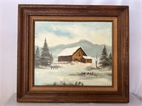 NOBLE WINTER FARM OIL PAINTING IN FRAME 32.5X