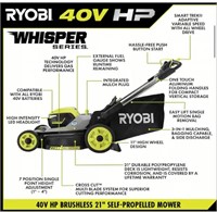 RYOBI 40V HP Brushless Whisper Series 21” Mower