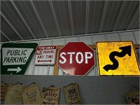 4 vintage road signs. Public parking, towaway no